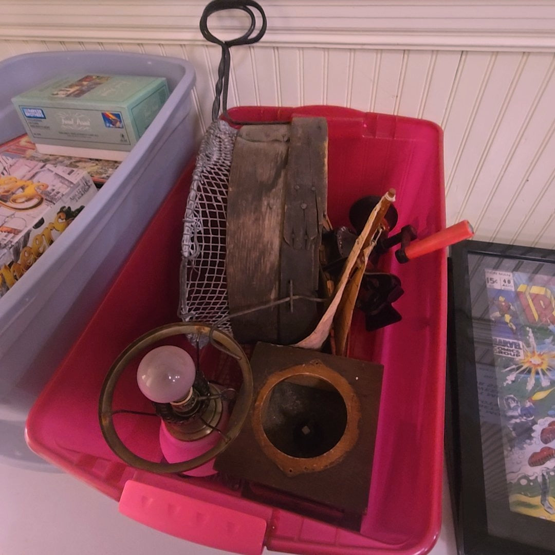 country lot with lamp coffee grinder, and sifter
