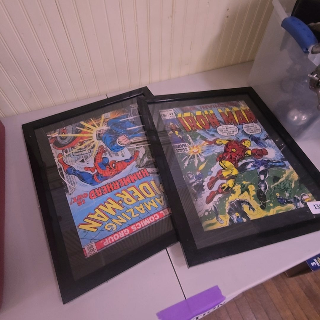 pair of modern Marvel collectible prints including Iron Man and Spider-Man