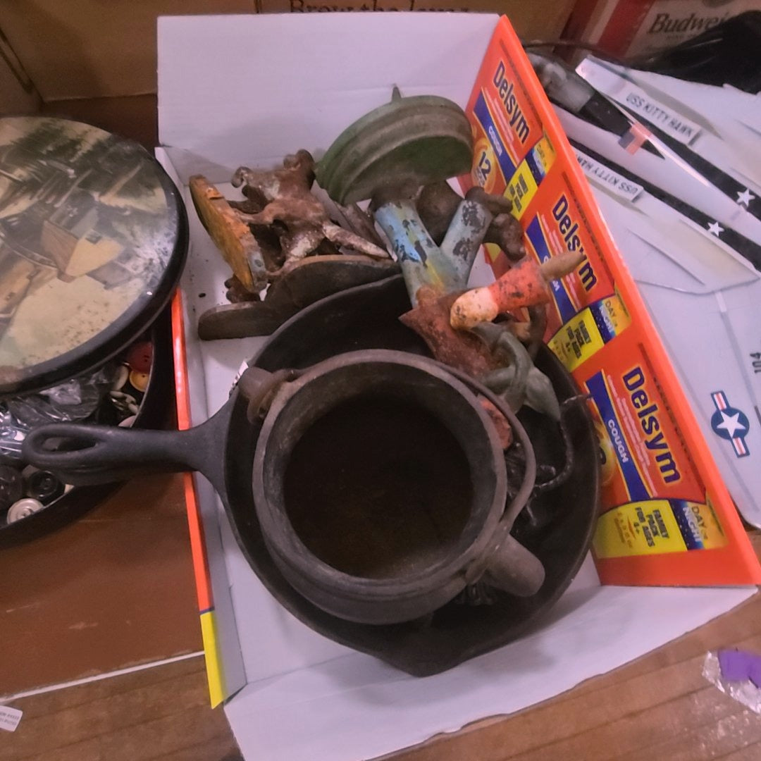 box lot of cast iron including skillets