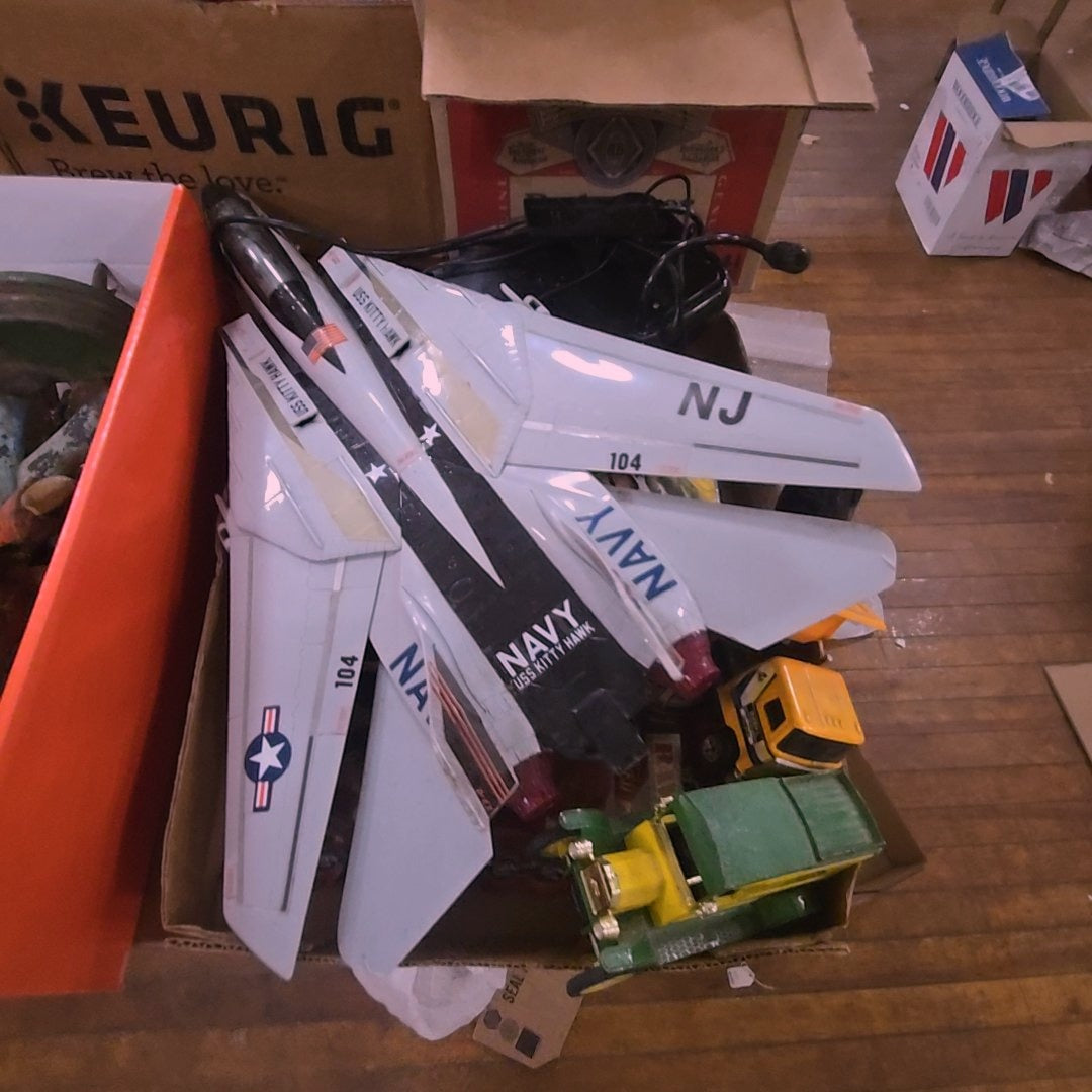 Box lot of modern toys including Navy jet