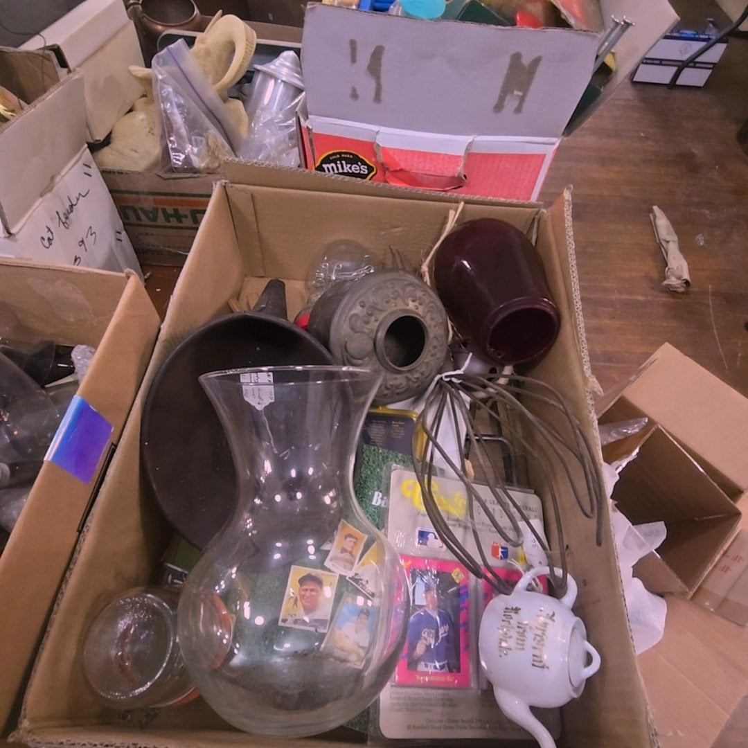 box lot with glass, metal, and collectibles