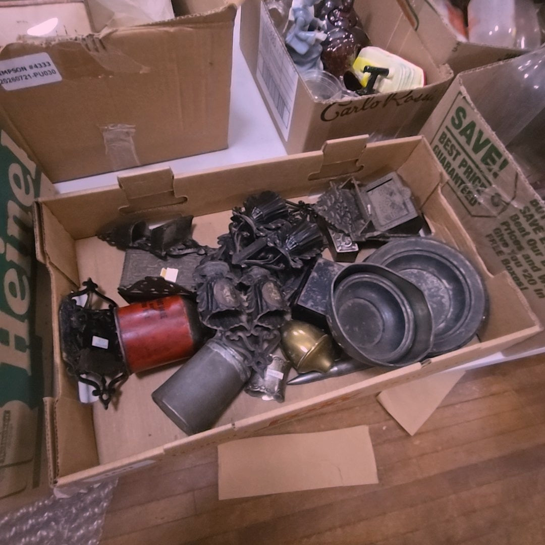 box lot of miscellaneous metal including match safes