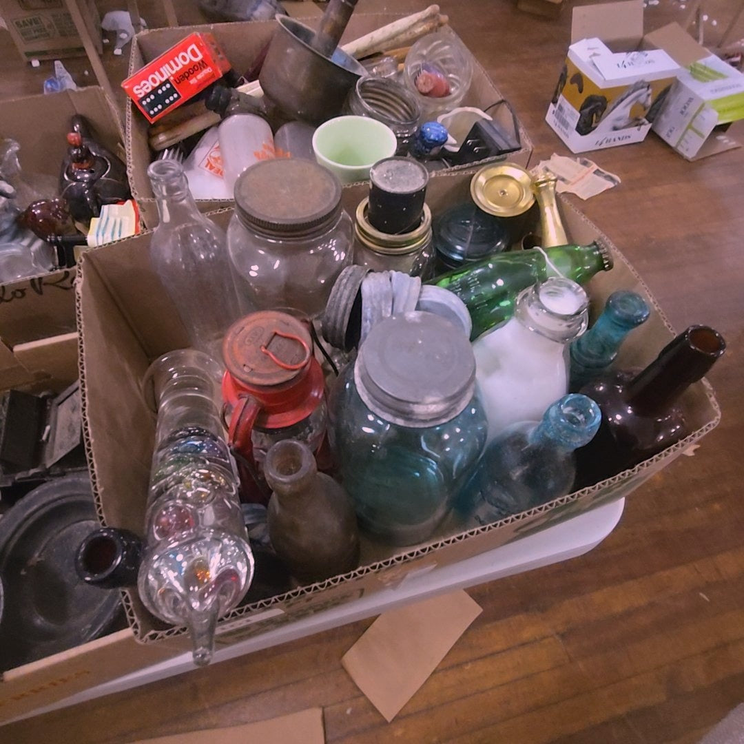 box lot with bottles and mason jars