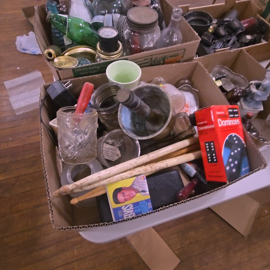 box lot with glassware, milk bottles, and more