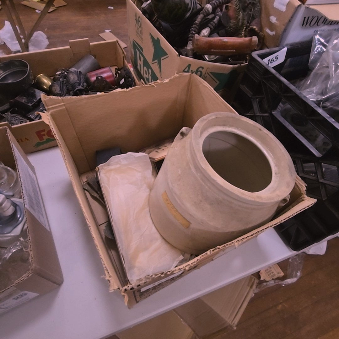 box lot with crock, Elvis pins, and more