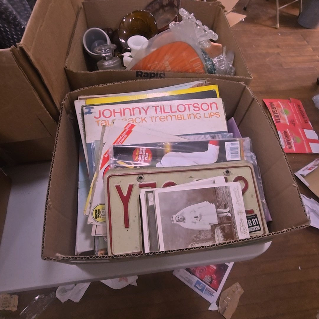 box lot with cabinet card photographs, license plates, records, and more