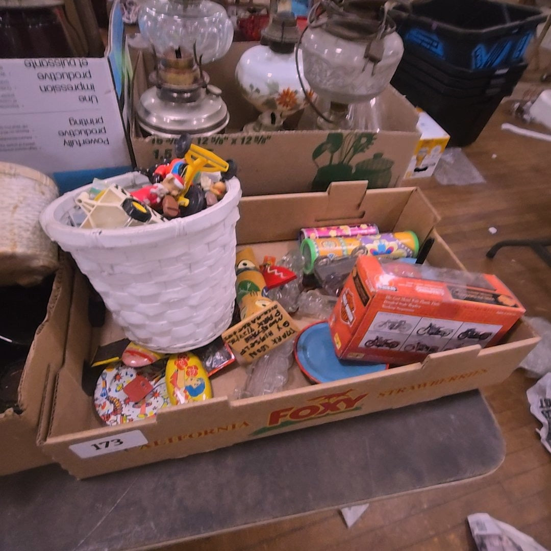 box lot with noise makers and toys
