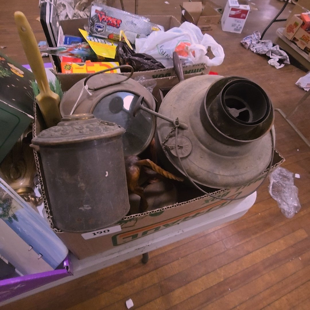 box lot with miscellaneous metal and wood items including carved horse