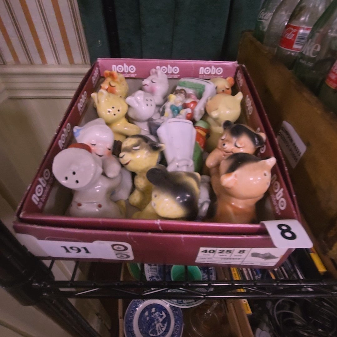 box lot with salt and pepper shakers