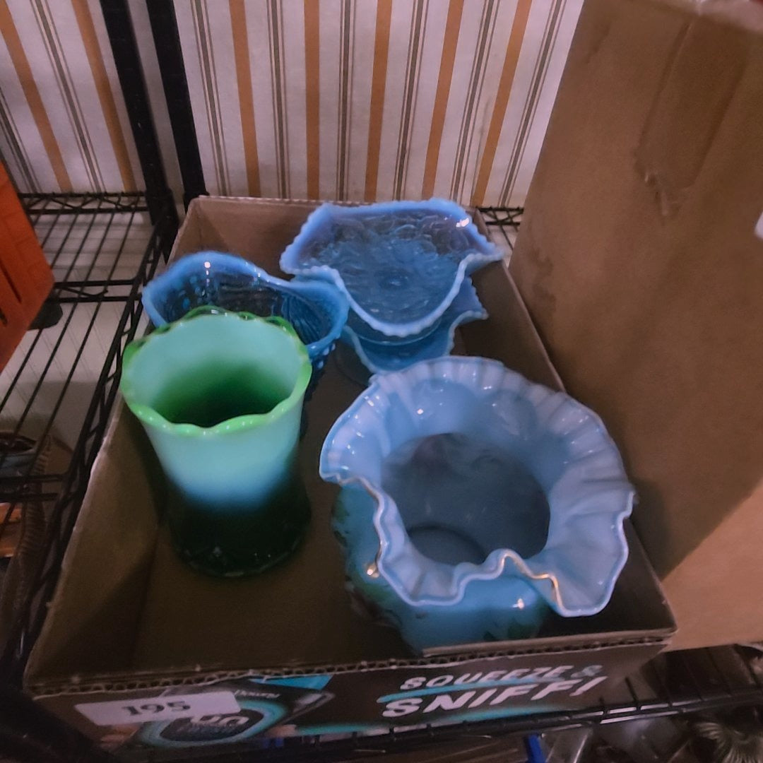box lot with blue and green art glass