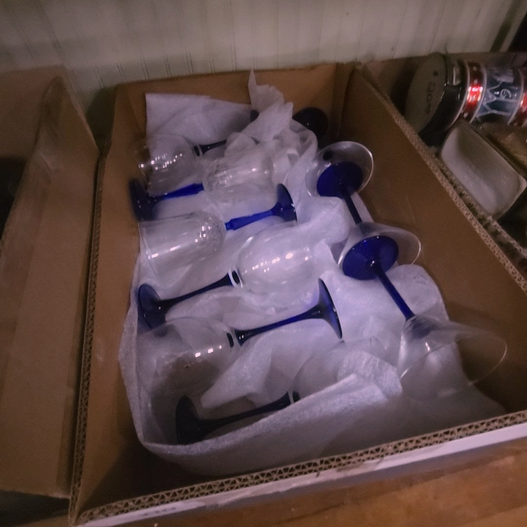 box lot of cobalt blue and clear glass stemware