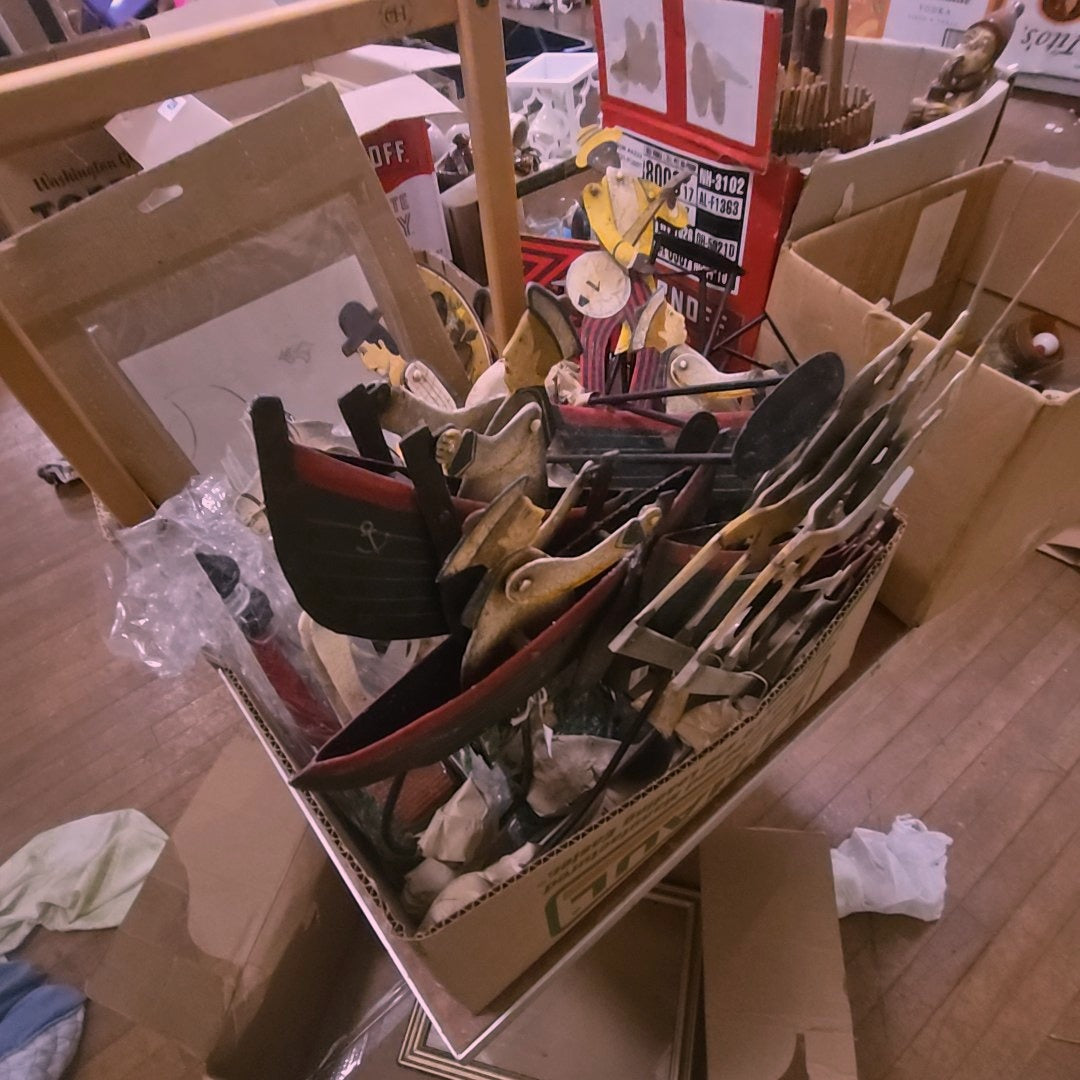 box lot of modern metal gizmos and cast iron