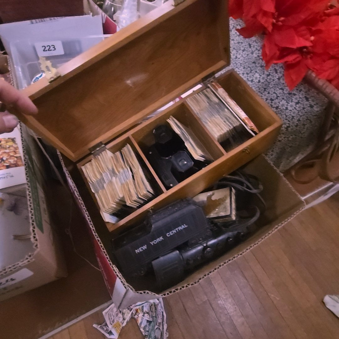 box lot with trains and Viewmaster