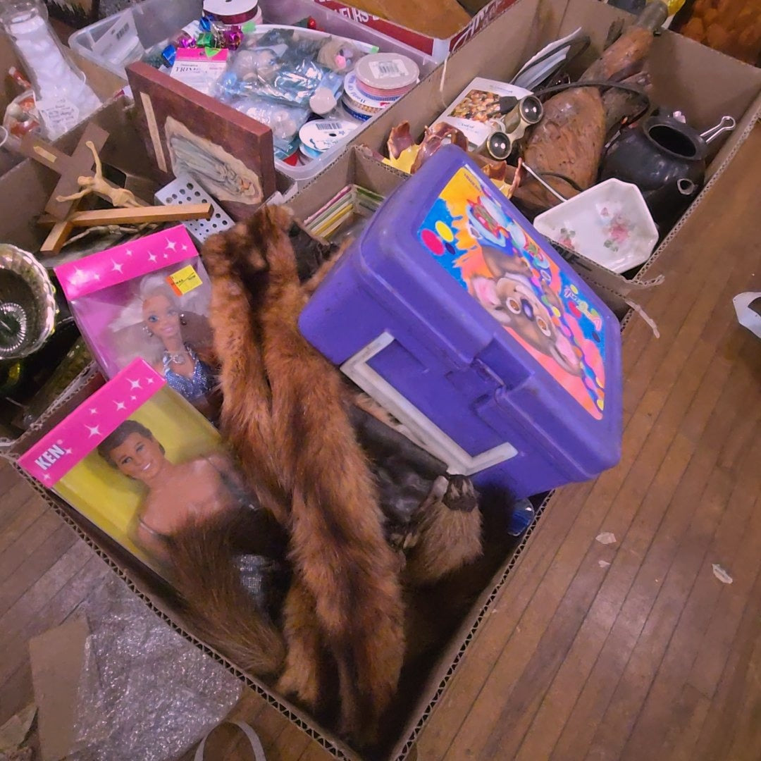box lot with Barbies and Lisa Frank lunch box