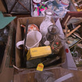 Lot 227 - Box Lot with Milk Bottles, Tins, Clock Pendulum, and More