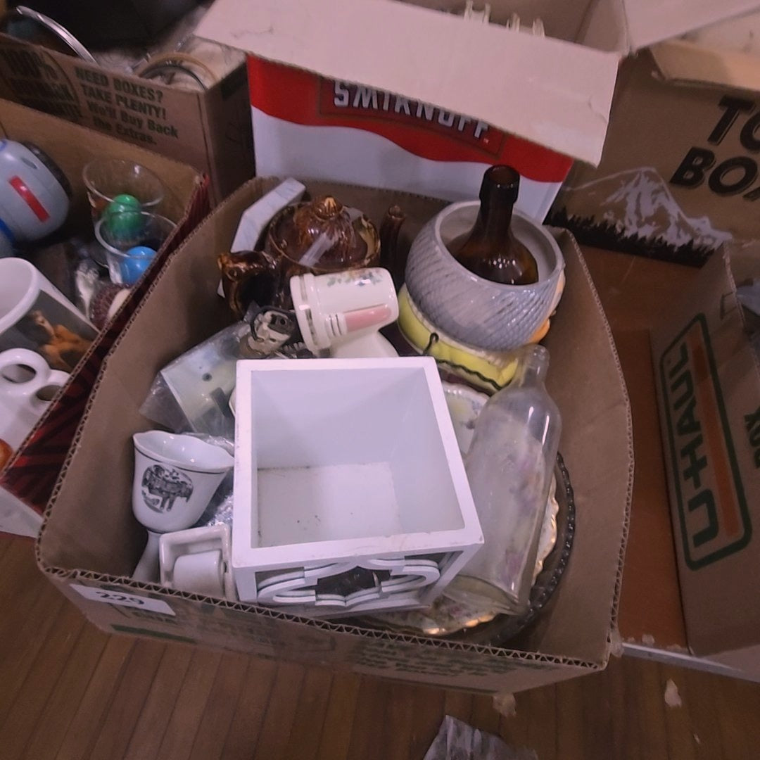 box lot with china, porcelain lamp, teapot, and more