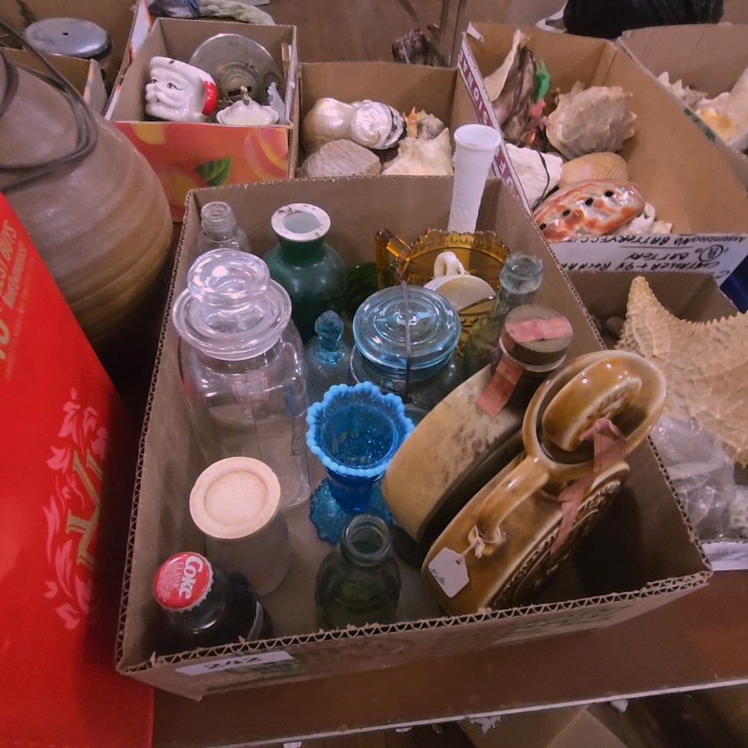 box lot with glassware and decanters