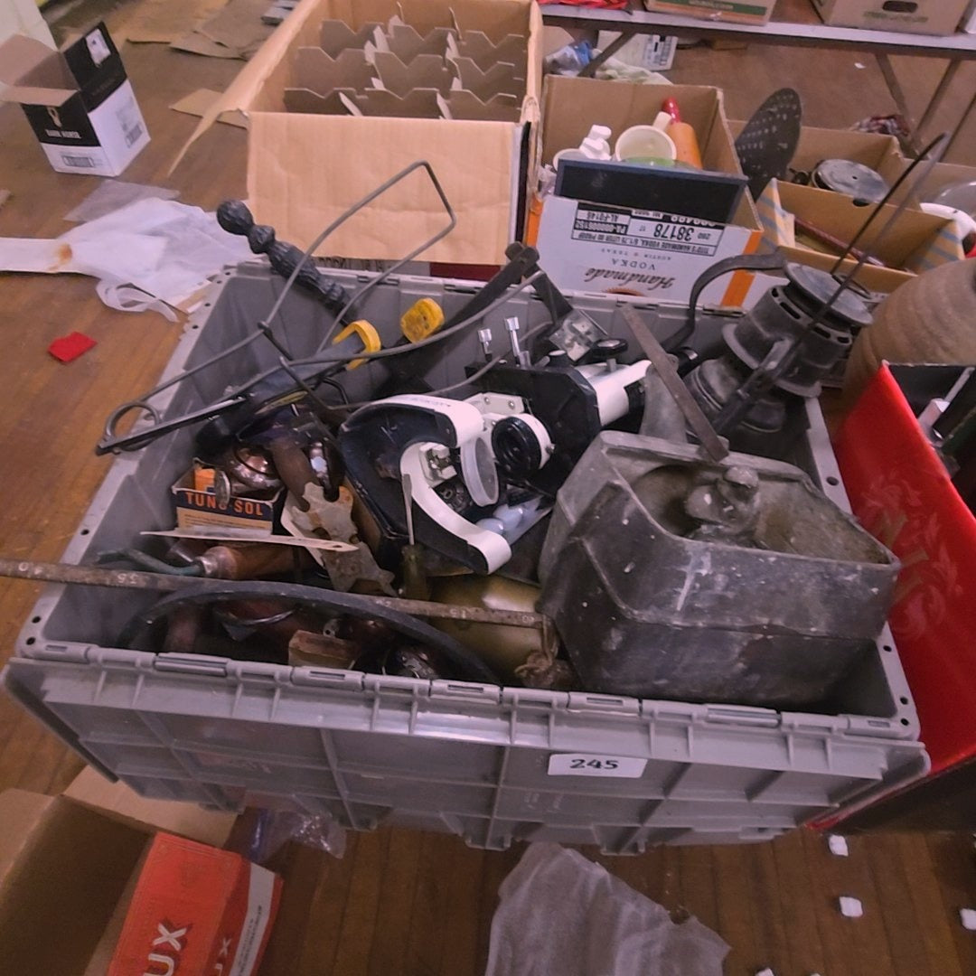 box lot with metal, including microscope, lantern, and tools