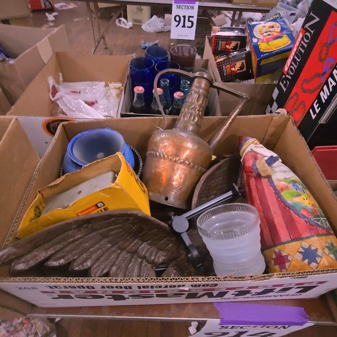 box lot with eagle, copper pot, and more
