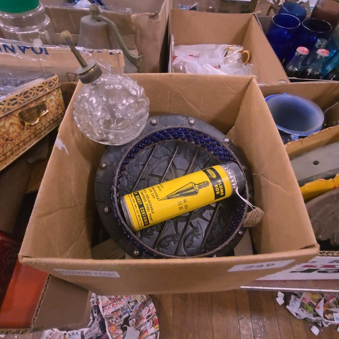 box lot with miscellaneous Smalls including plumb bob