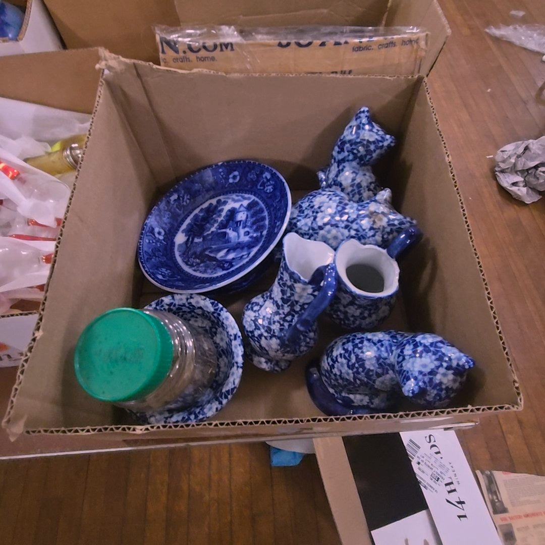 box lot with blue and white glass including flow blue plates