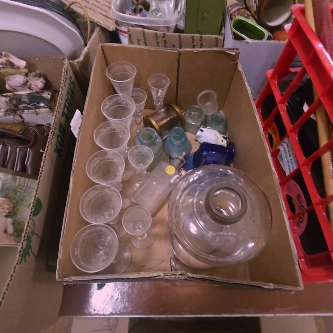 box lot with glassware and more