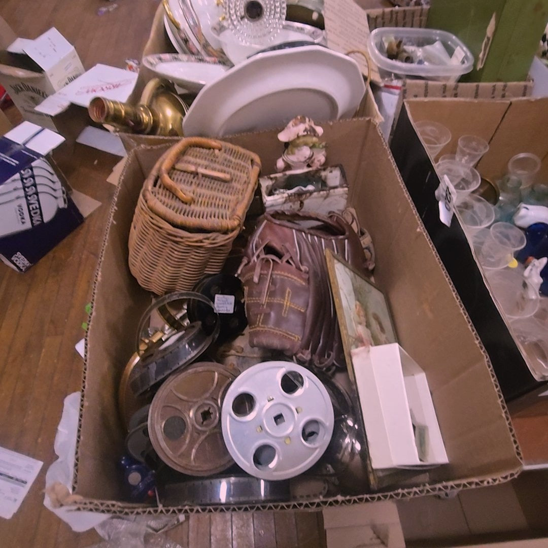 box lot with fishing creel, films, baseball glove, and more