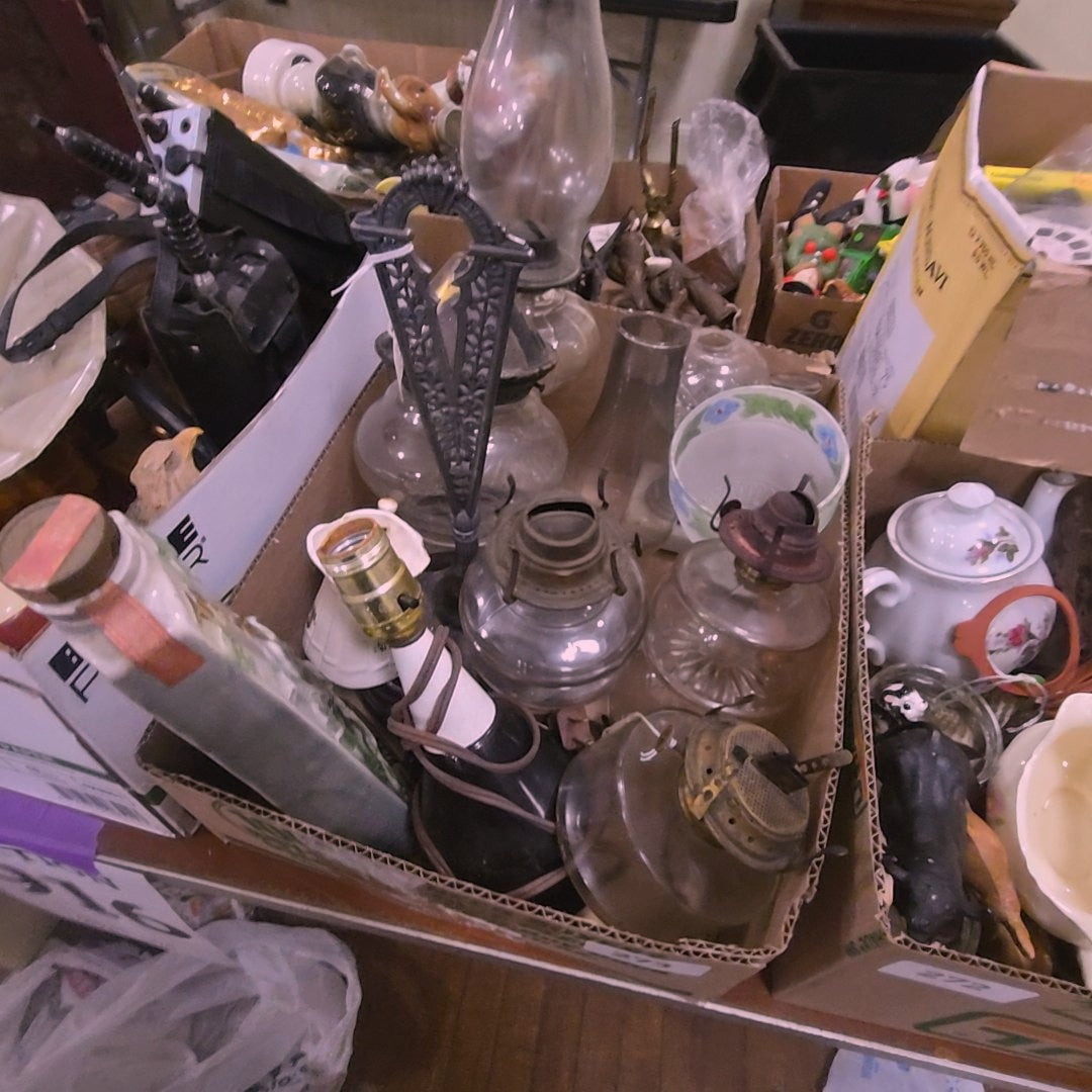 box lot of kerosene lamps and chimneys