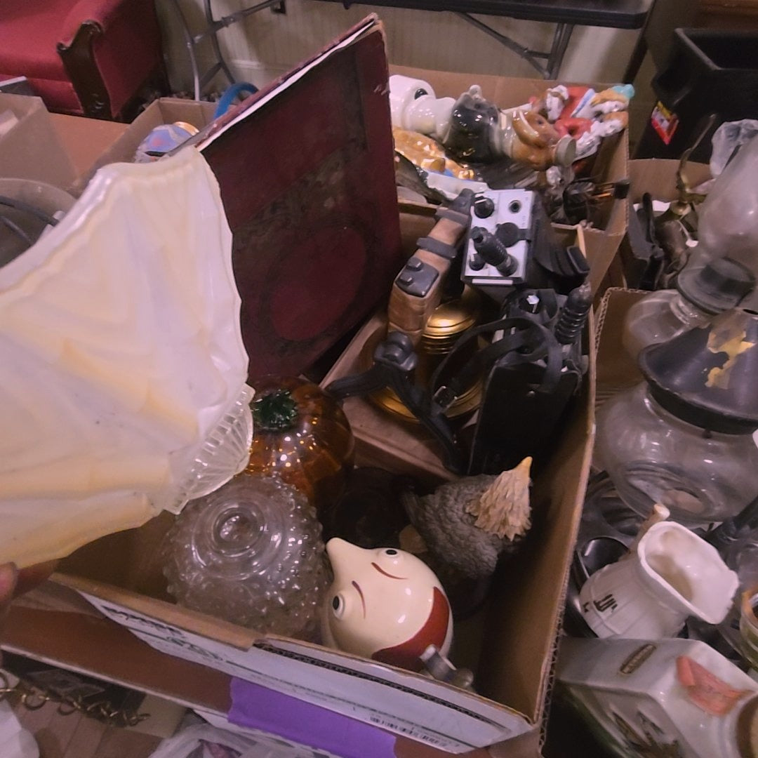 box lot with lampshade, walkie talkies, and more