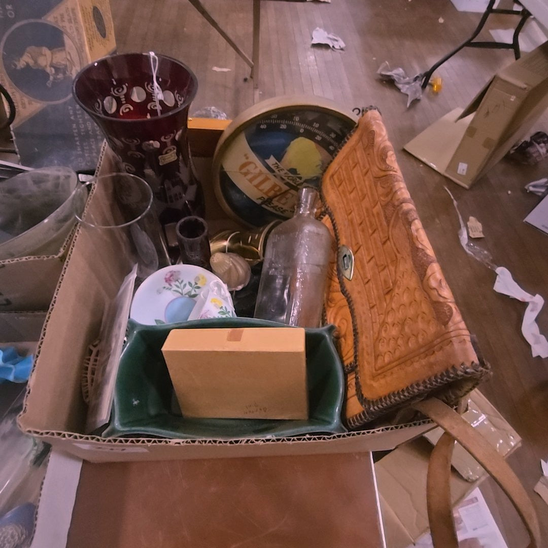 box lot with leather bag, glassware, ceramics, and damaged thermometer