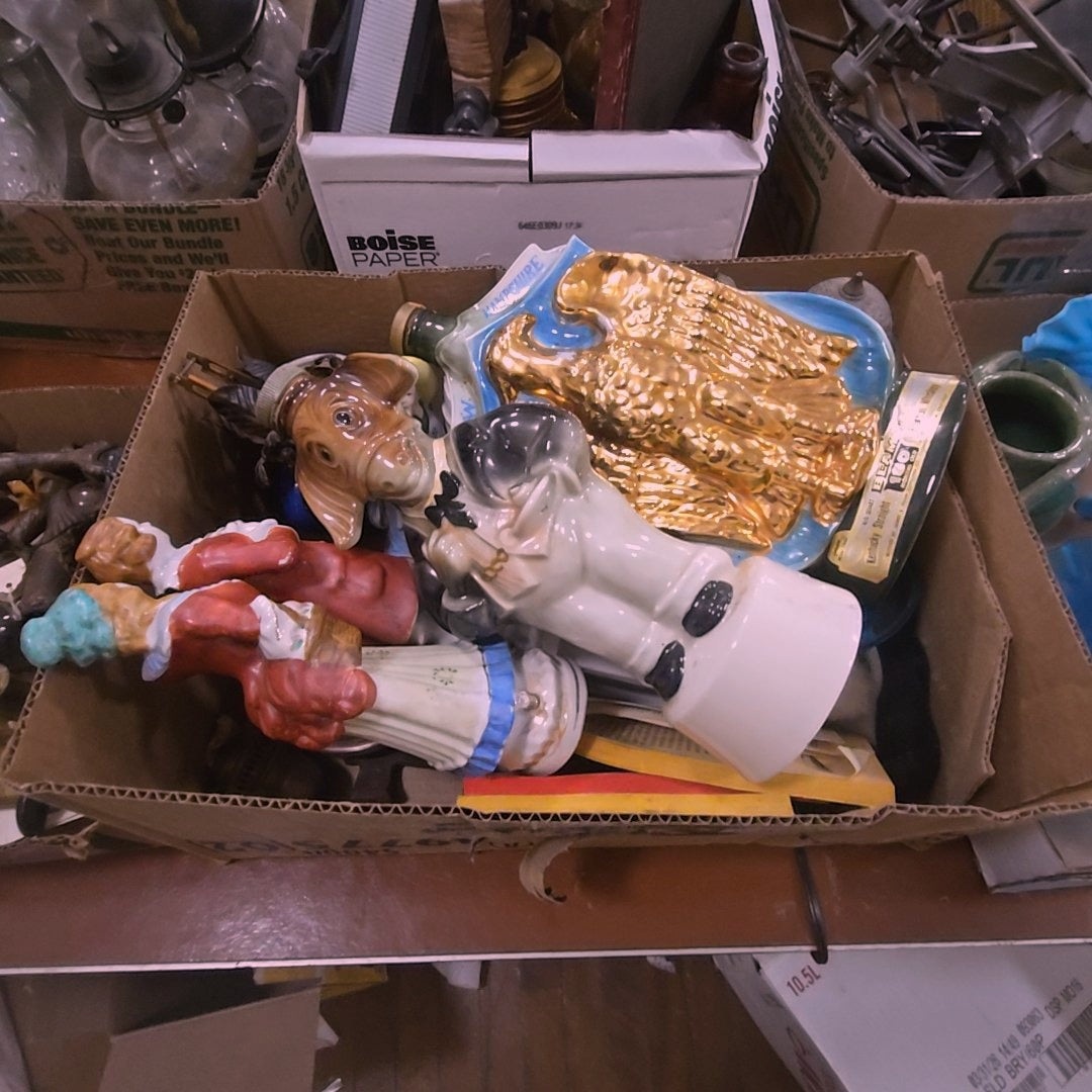 box lot of vintage liquor decanters and other items