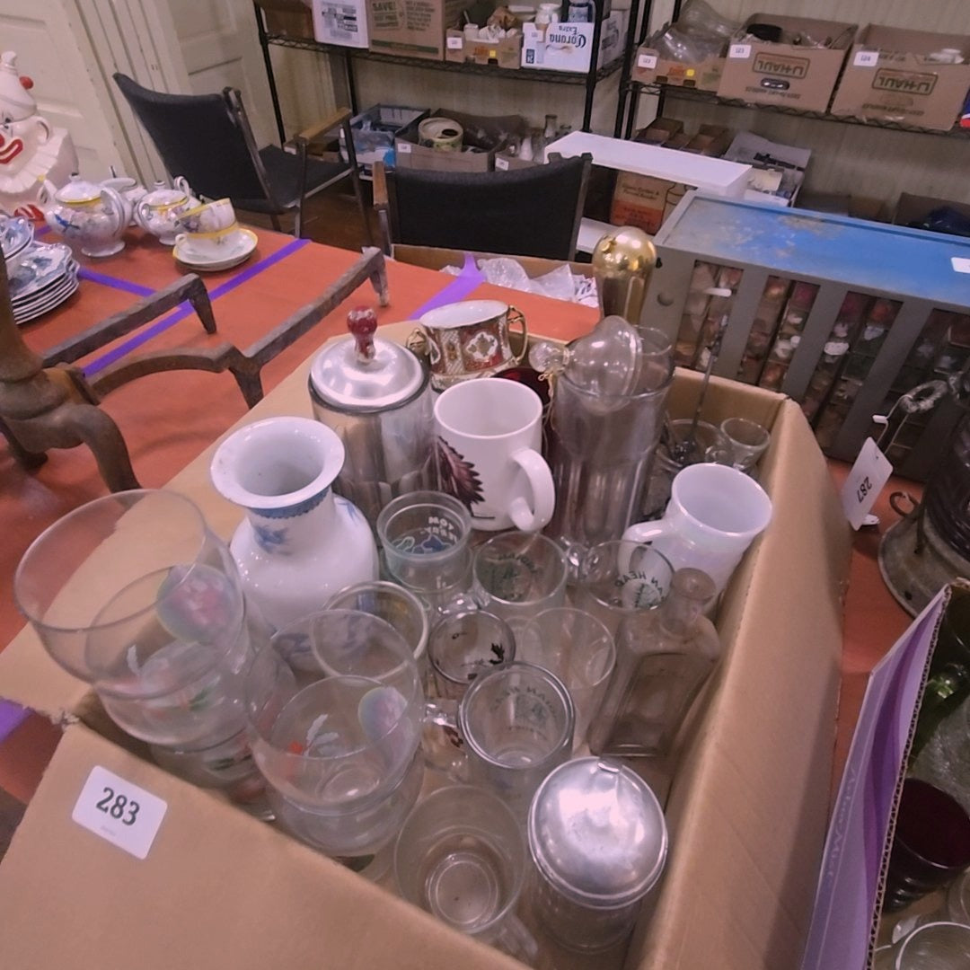 box lot with clear glass cups and more