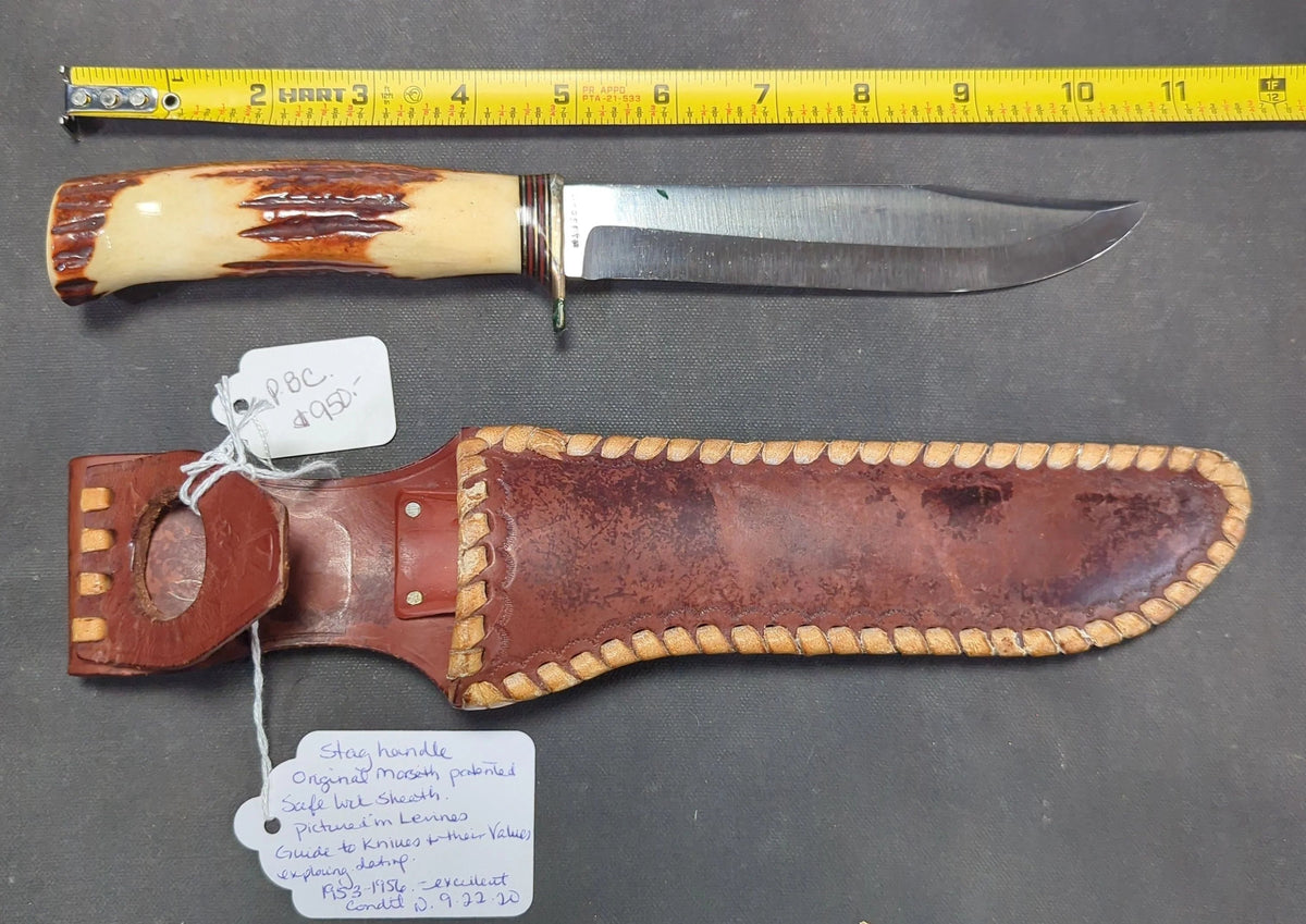 Harry Morseth Knife, Brusletto Norway Blade, Stag Handle, Nickel Silver Hilt, Original Morseth Patented Safe-Lock Leather Sheath