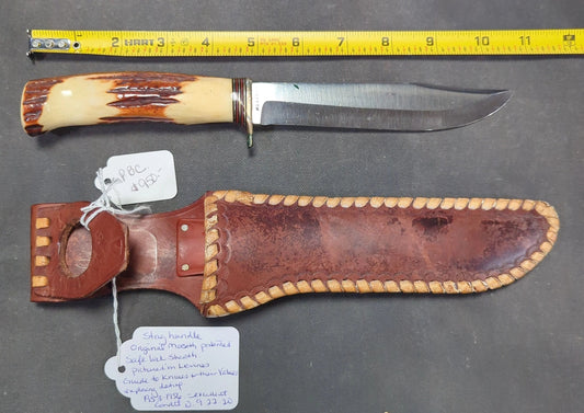 Harry Morseth Knife, Brusletto Norway Blade, Stag Handle, Nickel Silver Hilt, Original Morseth Patented Safe-Lock Leather Sheath