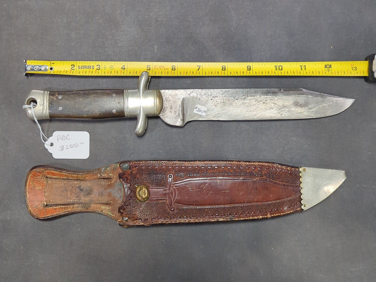 F. Wichelhaus Bowie Knife with Etched Blade, Tooled Leather Sheath with Brass Bulldog Head, Newark, New Jersey