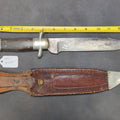 Lot 004 - F. Wichelhaus Bowie Knife with Etched Blade, Tooled Leather Sheath with Brass Bulldog Head, Newark, New Jersey