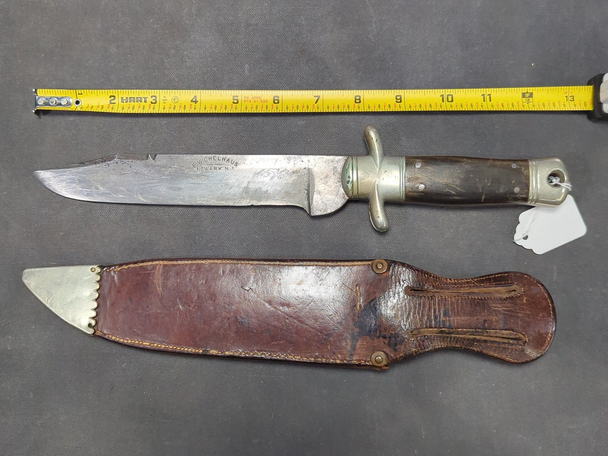 F. Wichelhaus Bowie Knife with Etched Blade, Tooled Leather Sheath with Brass Bulldog Head, Newark, New Jersey