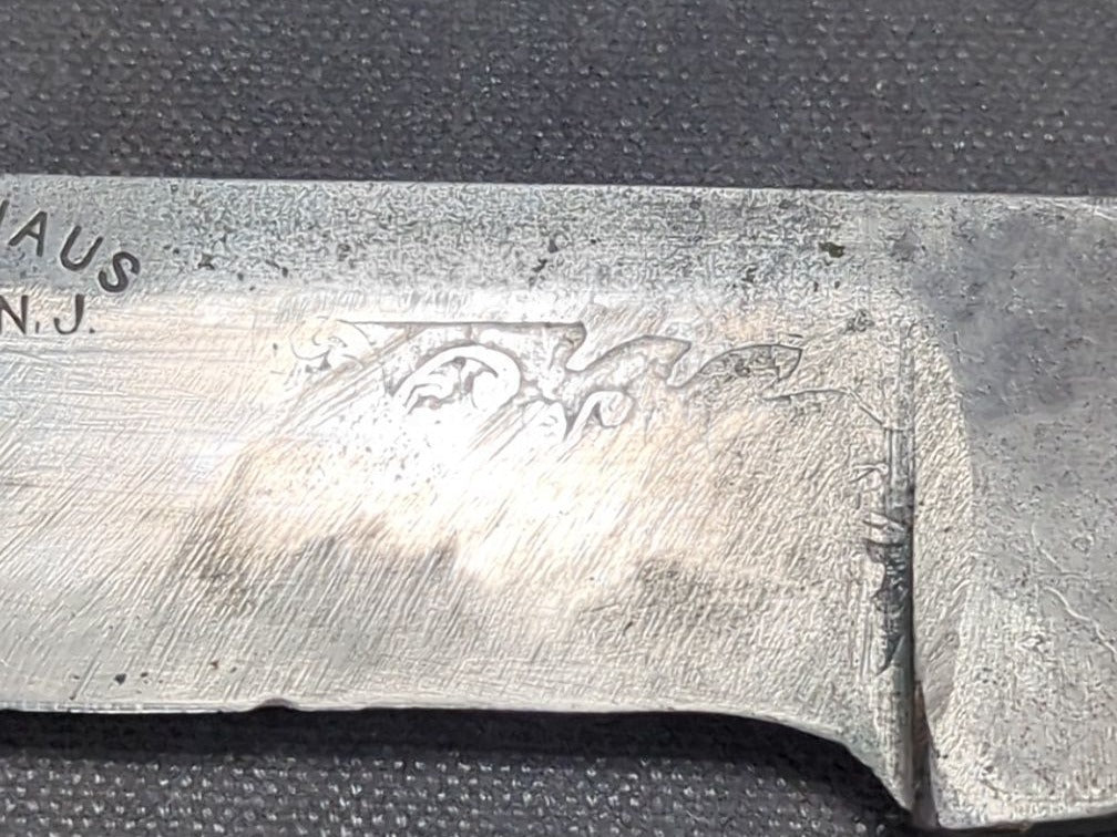 F. Wichelhaus Bowie Knife with Etched Blade, Tooled Leather Sheath with Brass Bulldog Head, Newark, New Jersey