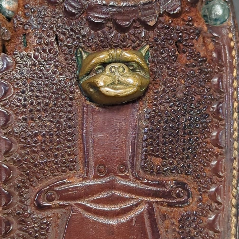 F. Wichelhaus Bowie Knife with Etched Blade, Tooled Leather Sheath with Brass Bulldog Head, Newark, New Jersey
