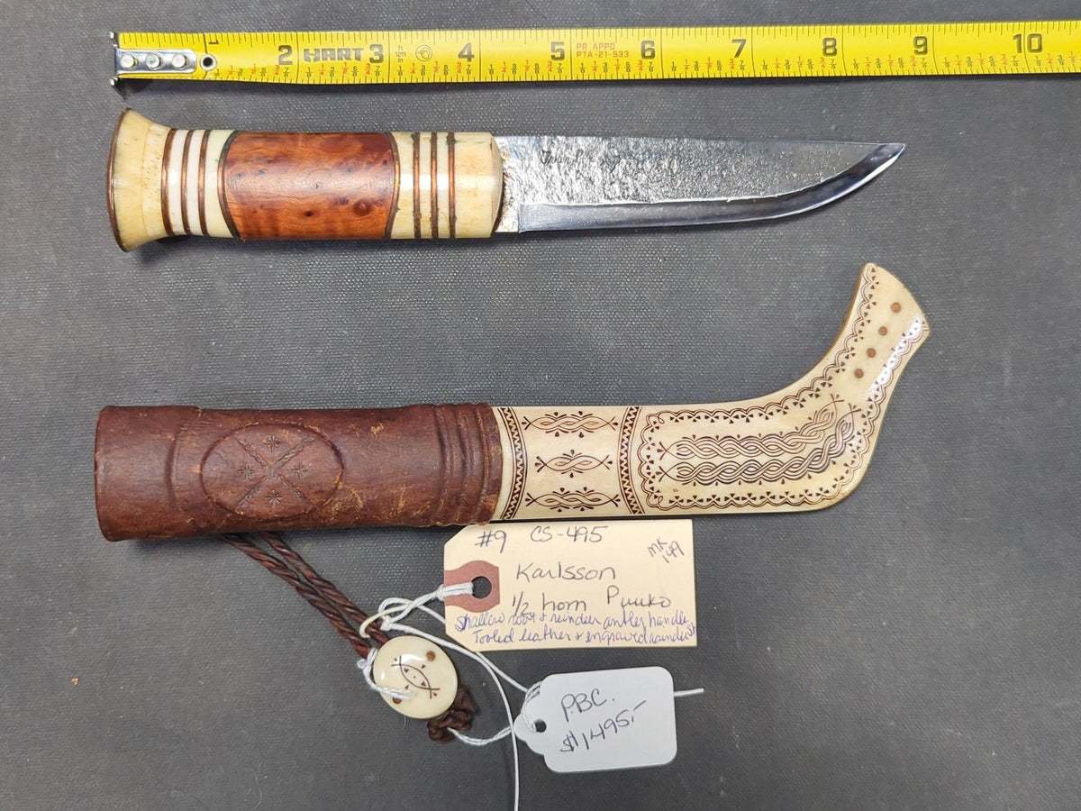 Karlsson Half-Horn Puukko Knife with Engraved Reindeer Antler and Tooled Leather Sheath