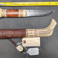 Lot 006 - Karlsson Half-Horn Puukko Knife with Engraved Reindeer Antler and Tooled Leather Sheath