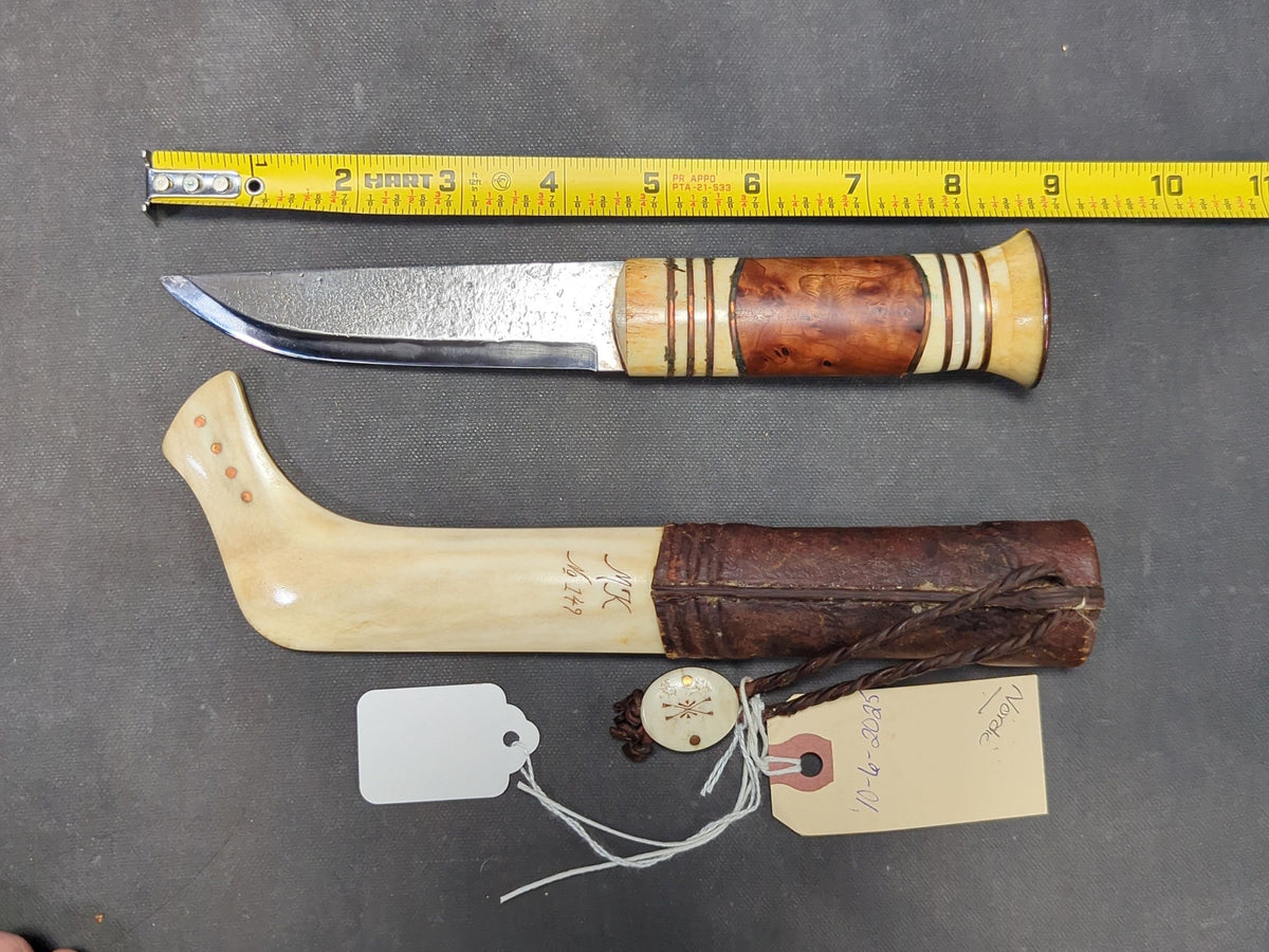 Karlsson Half-Horn Puukko Knife with Engraved Reindeer Antler and Tooled Leather Sheath