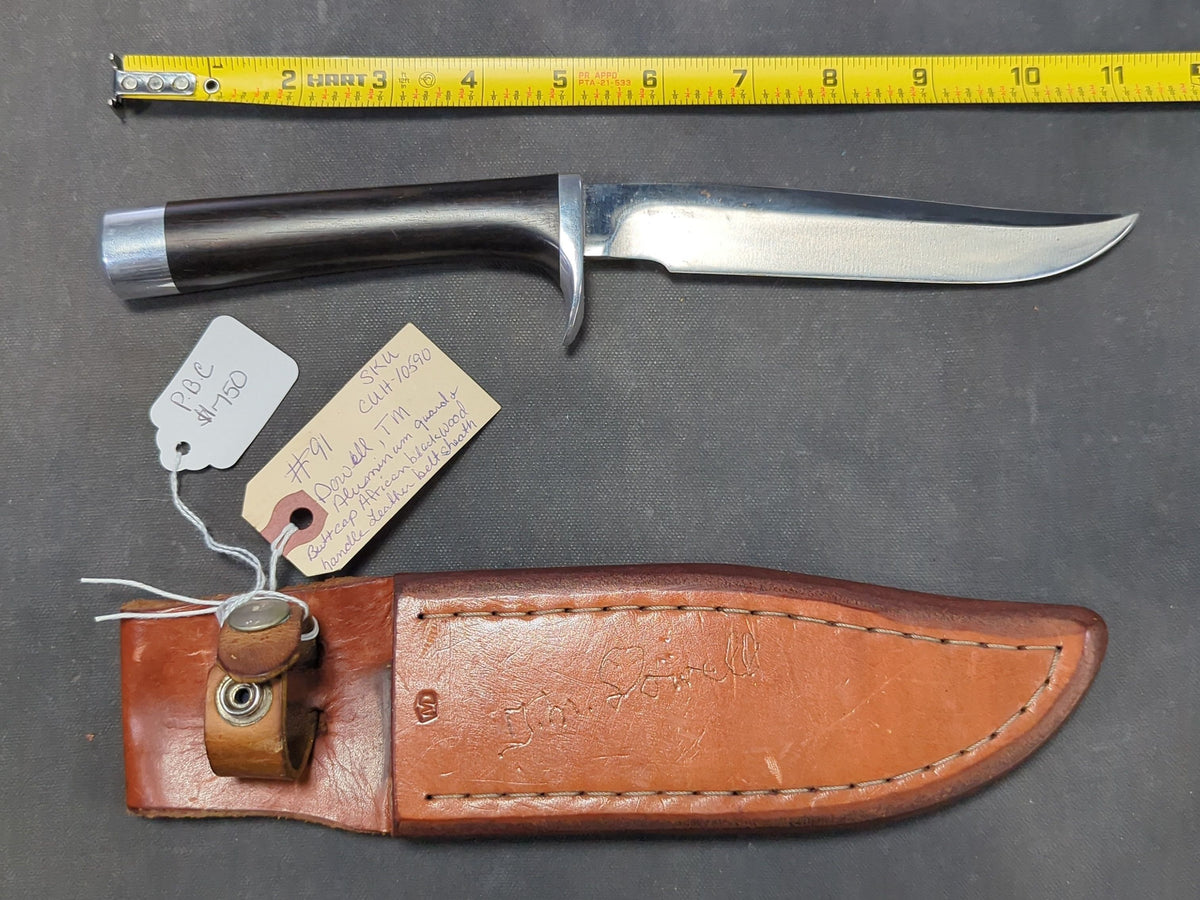 TM Dowell Knife, African Blackwood Handle, Aluminum Guard and Buttcap, Leather Belt Sheath