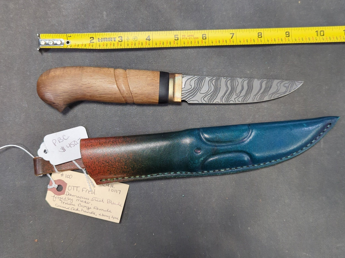 Fred Ott Nordic-Style Damascus Steel Knife, Carved Oak Handle, Bronze Ferrule, Ebony Spacer, Leather Sheath, New Knife from Maker