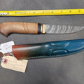 Lot 010 - Fred Ott Nordic-Style Damascus Steel Knife, Carved Oak Handle, Bronze Ferrule, Ebony Spacer, Leather Sheath, New Knife from Maker