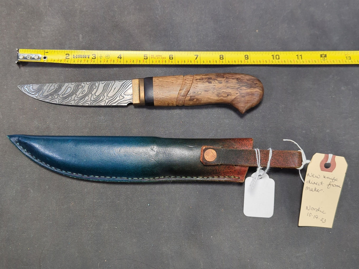 Fred Ott Nordic-Style Damascus Steel Knife, Carved Oak Handle, Bronze Ferrule, Ebony Spacer, Leather Sheath, New Knife from Maker