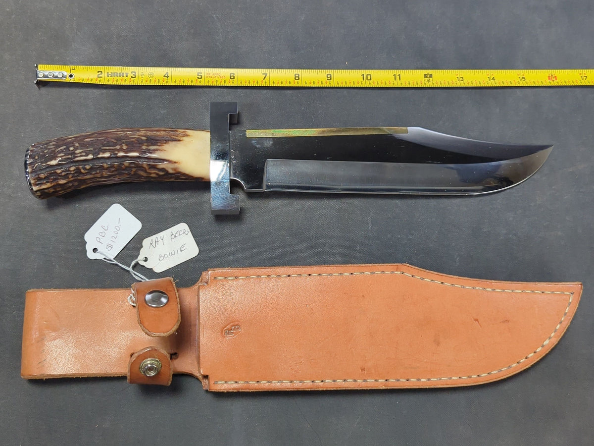Ray Beers Bowie Knife, Number 003, Stag Handle, with Leather Belt Sheath