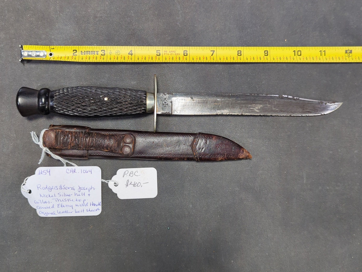 Joseph Rodgers & Sons Knife, Nickel Silver Hilt and Collar, Carved Ebony Wood Handle, with Leather Belt Sheath, Sheffield, England