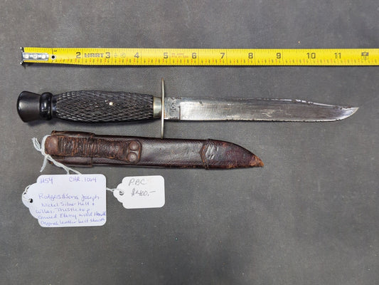 Joseph Rodgers & Sons Knife, Nickel Silver Hilt and Collar, Carved Ebony Wood Handle, with Leather Belt Sheath, Sheffield, England