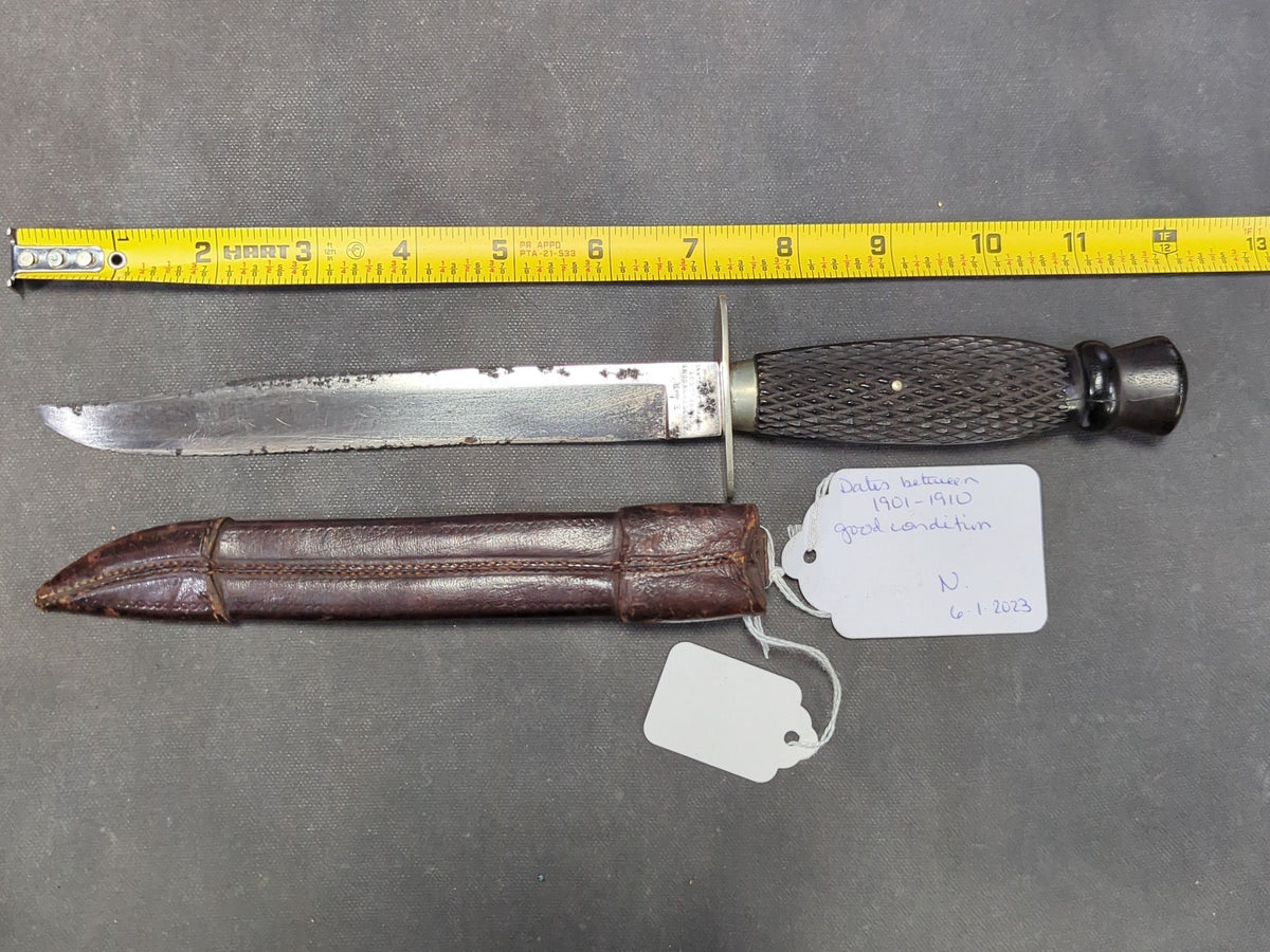 Joseph Rodgers & Sons Knife, Nickel Silver Hilt and Collar, Carved Ebony Wood Handle, with Leather Belt Sheath, Sheffield, England